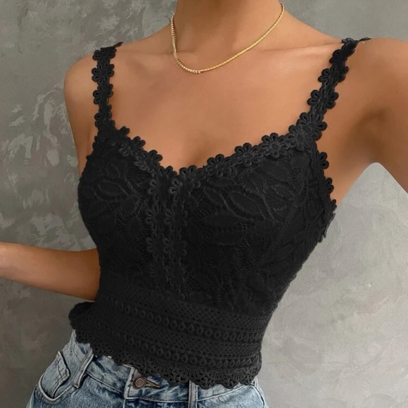 Boho black lace shirred back corset bralette cami top - Picture 1 of 5